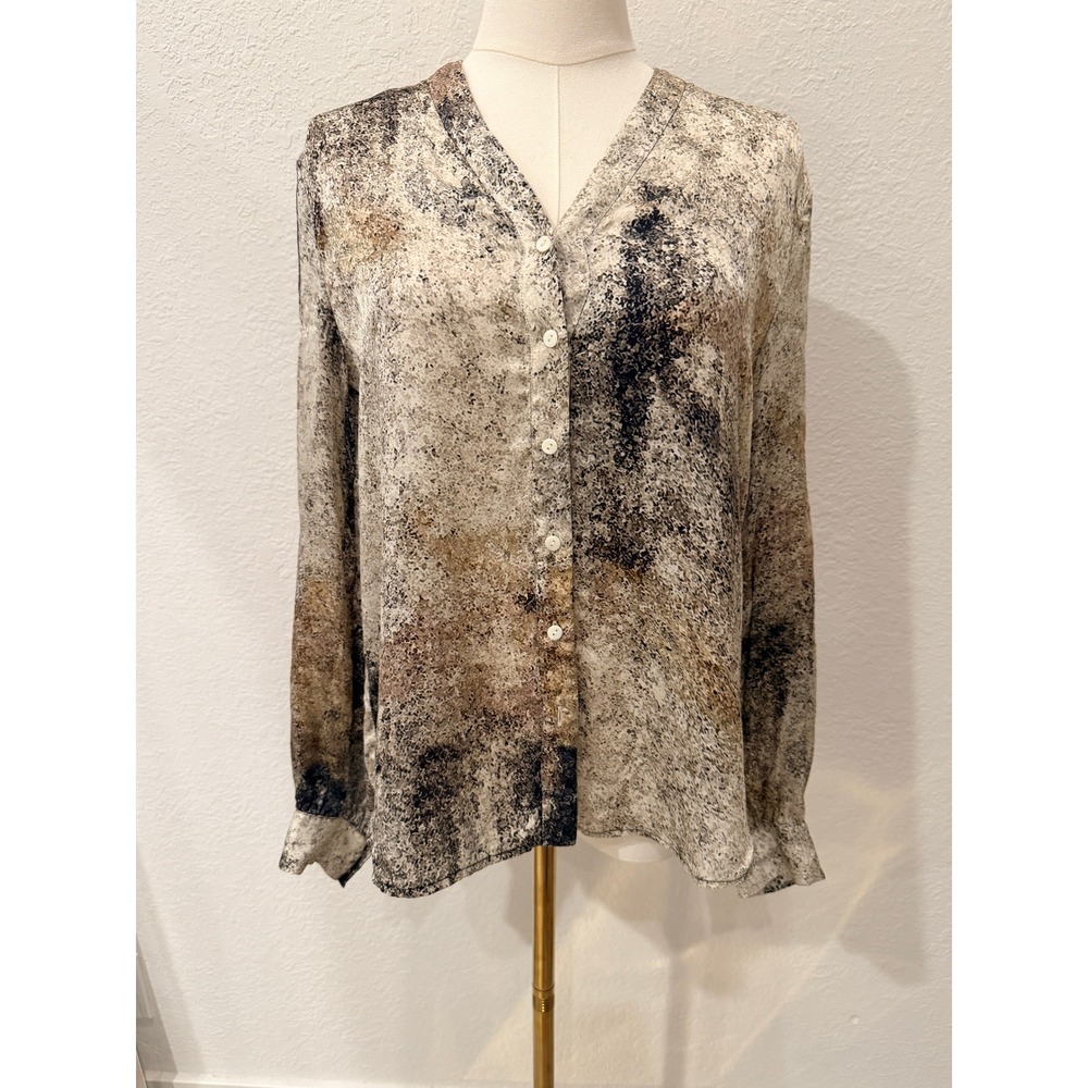 Eileen Fisher 100% Silk Blouse XS Abstract Print Button Front Work Career Office